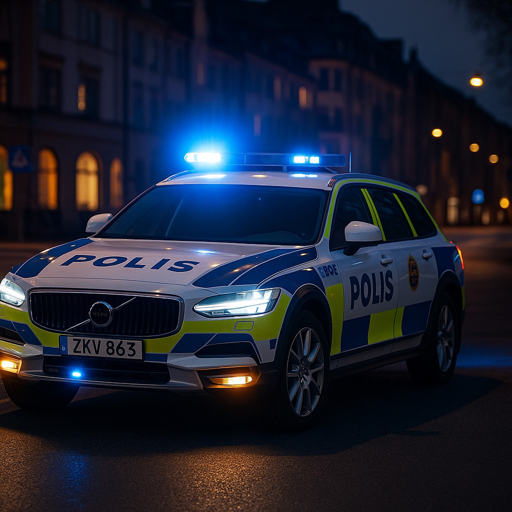 Swedish police car with blue and red lights