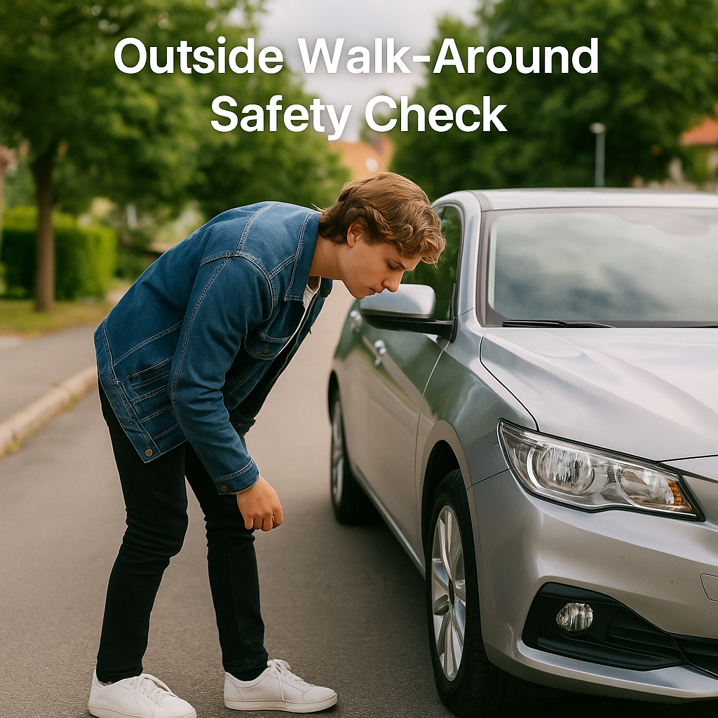 Outside walk-around inspection before the Swedish driving test